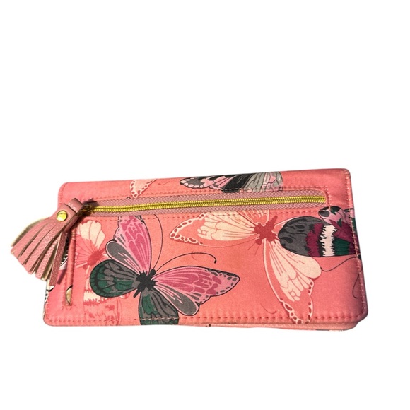 NWOT Buxton Pink Butterfly Wallet gold accents tassel holds 12 cards and has pen - Picture 2 of 7